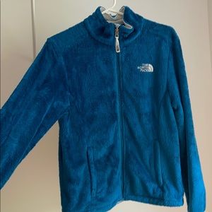 Blue fuzzy north face jacket